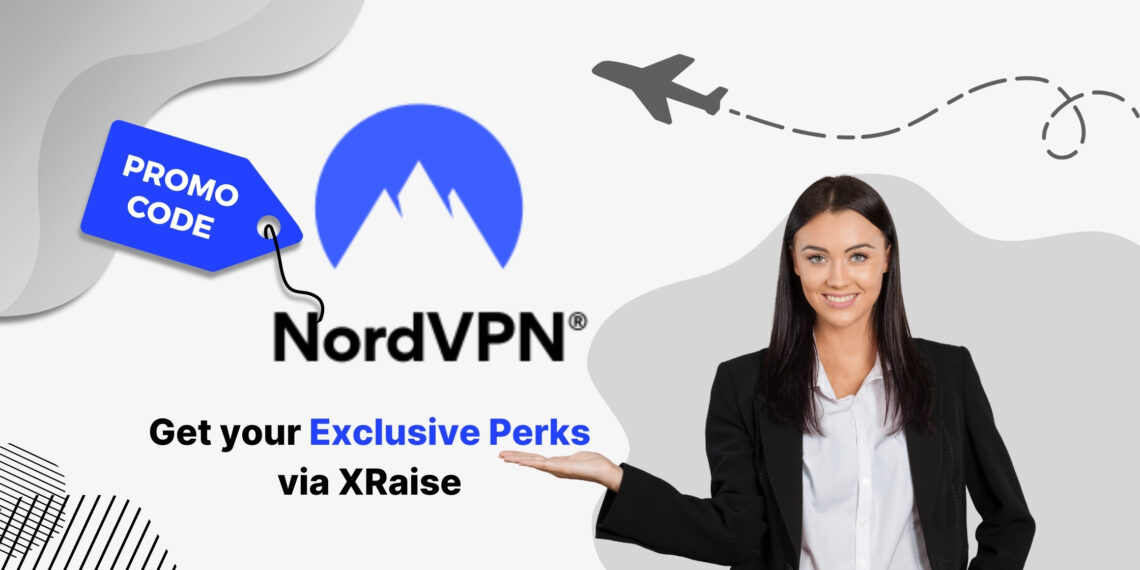 NordVPN promo code banner featuring the NordVPN mountain logo with a blue promo code tag, and a smiling professional woman in a black blazer presenting with one hand, promoting exclusive perks via XRaise.