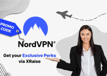 NordVPN promo code banner featuring the NordVPN mountain logo with a blue promo code tag, and a smiling professional woman in a black blazer presenting with one hand, promoting exclusive perks via XRaise.
