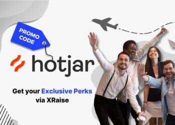 Hotjar promo code banner by XRaise — group of diverse founders cheering and waving paper planes beside the Hotjar logo and “Get your exclusive perks via XRaise” text.