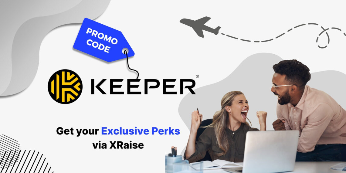 Keeper promo code banner by XRaise — two founders at a desk celebrating success with laptop, next to the Keeper logo and “Get your exclusive perks via XRaise” text.