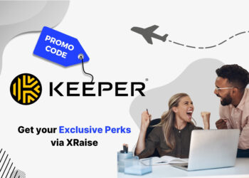 Keeper promo code banner by XRaise — two founders at a desk celebrating success with laptop, next to the Keeper logo and “Get your exclusive perks via XRaise” text.