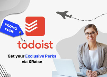 Todoist promo code banner by XRaise — professional woman in glasses smiling at her desk with laptop, next to the Todoist logo and “Get your exclusive perks via XRaise” text.
