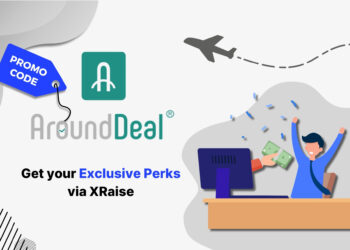 AroundDeal promo code – XRaise startup perk banner with animated businessman receiving cash rewards at desk.