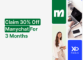 Manychat 30% off for 3 months startup offer with woman founder smiling and XRaise branding