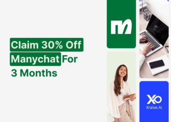 Manychat 30% off for 3 months startup offer with woman founder smiling and XRaise branding