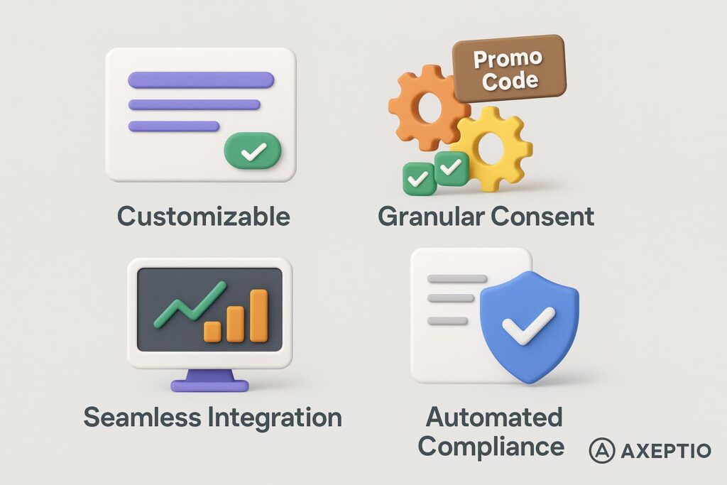 Visual breakdown of Axeptio key feature with a caption promoting the available startup discount through XRaise