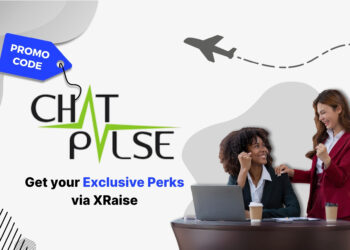 ChatPulse promo code banner by XRaise — two businesswomen celebrating success at a desk with laptop and coffee cups, airplane travel graphic above.