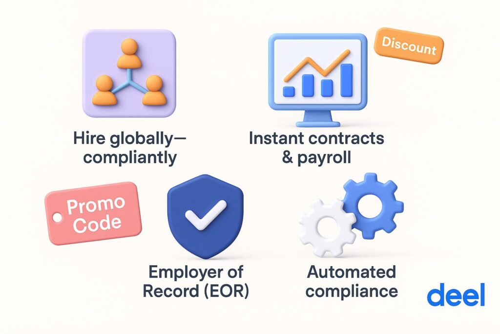 Visual breakdown of Deel key feature with a caption promoting the available startup discount through XRaise