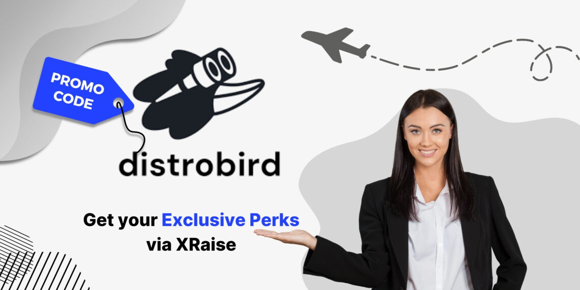 Distrobird promo code banner by XRaise — smiling professional woman in black suit presenting offer beside brand binoculars logo, airplane trail above.