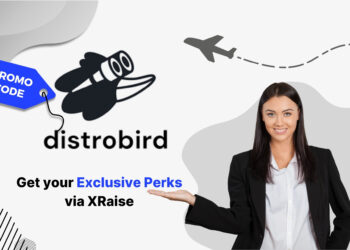 Distrobird promo code banner by XRaise — smiling professional woman in black suit presenting offer beside brand binoculars logo, airplane trail above.