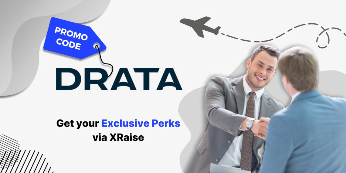 Drata promo code – XRaise exclusive startup perk banner with professional handshake symbolizing trust and compliance.