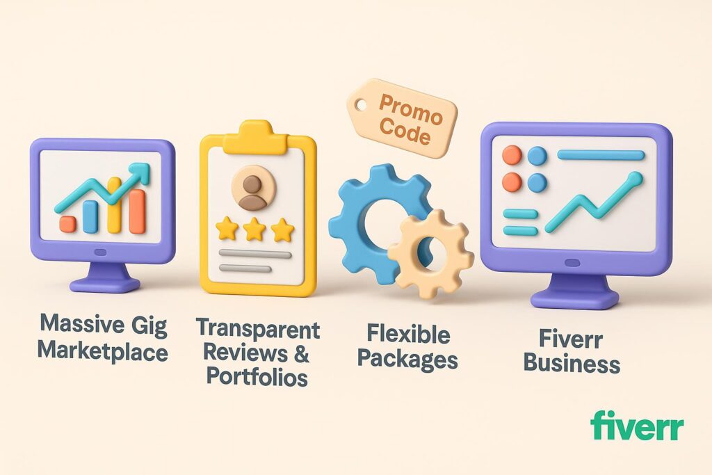 Visual breakdown of Fiverr key feature with a caption promoting the available startup discount through XRaise