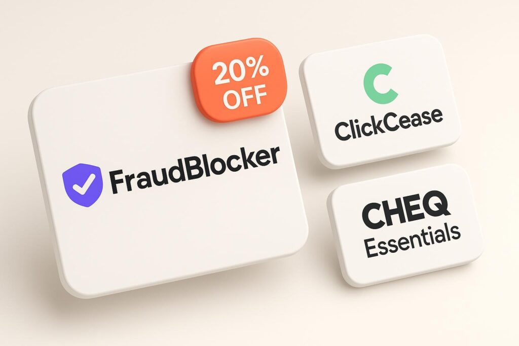 Comparison chart of FraudBlocker vs top alternatives (e.g., ClickCease, CHEQ Essentials), highlighting the benefits of using XRaise to claim the FraudBlocker startup promo code