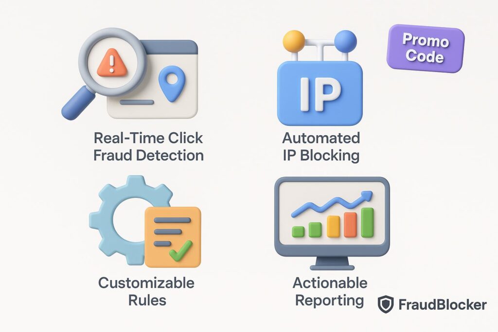 Visual breakdown of FraudBlocker key feature with a caption promoting the available startup discount through XRaise