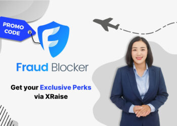 Fraud Blocker promo code exclusive perks banner via XRaise with businesswoman in blue suit smiling