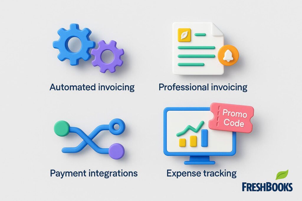 Visual breakdown of FreshBooks key feature with a caption promoting the available startup discount through XRaise