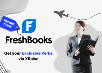 FreshBooks promo code banner — XRaise exclusive perks for startups with woman holding folder