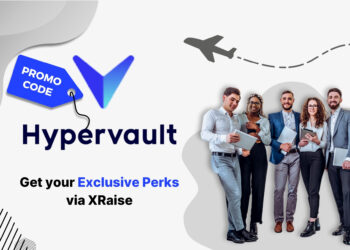 Hypervault promo code – XRaise exclusive perk banner with diverse team of professionals holding laptops.