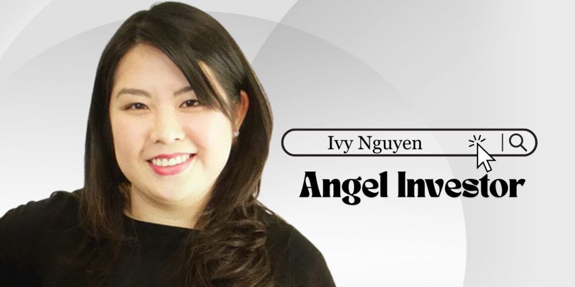 Silhouette of Ivy Nguyen reviewing a startup pitch deck on a laptop in San Francisco office.