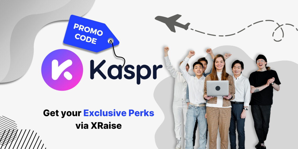 Kaspr startup promo code banner by XRaise — diverse young team of five founders smiling and celebrating with laptop in center, airplane line art in background.