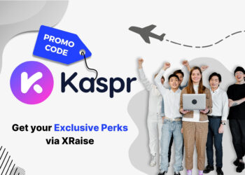 Kaspr startup promo code banner by XRaise — diverse young team of five founders smiling and celebrating with laptop in center, airplane line art in background.