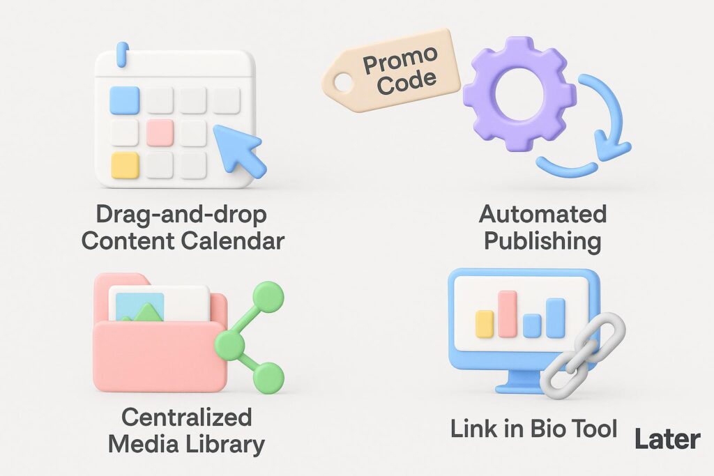 Visual breakdown of Later key feature with a caption promoting the available startup discount through XRaise