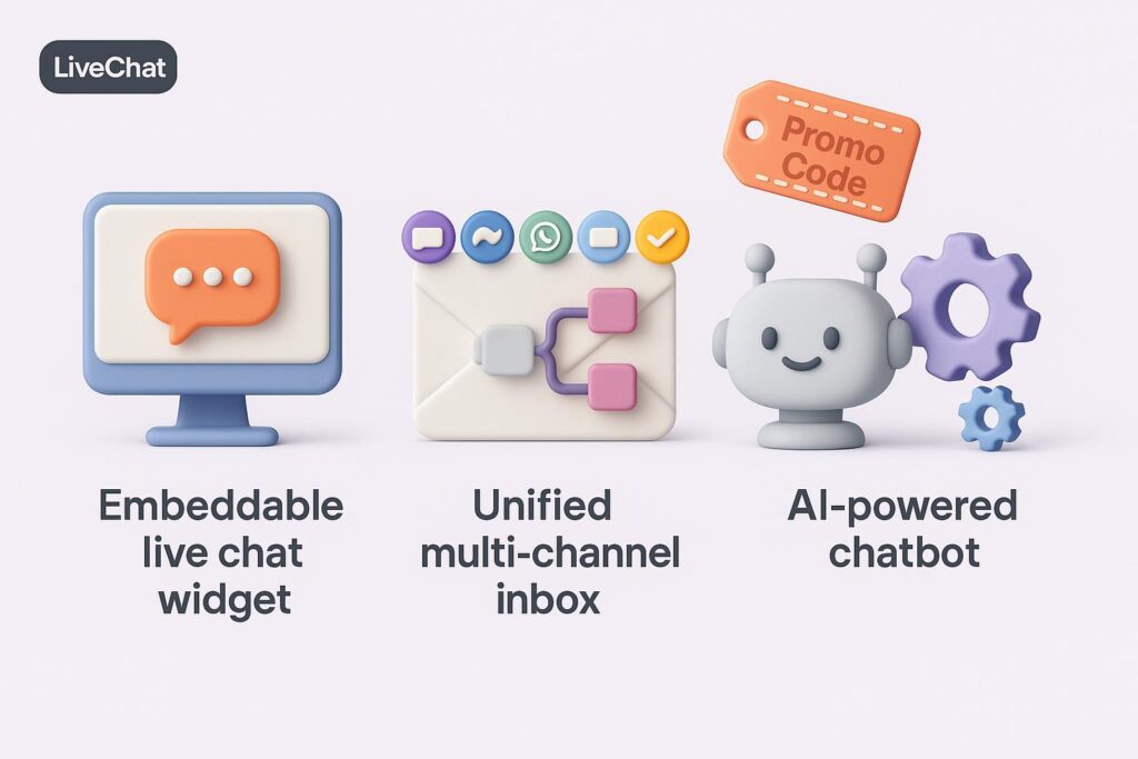  Visual breakdown of LiveChat key feature with a caption promoting the available startup discount through XRaise
