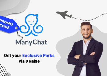 ManyChat promo code banner — exclusive XRaise perk with businessman in suit smiling confidently