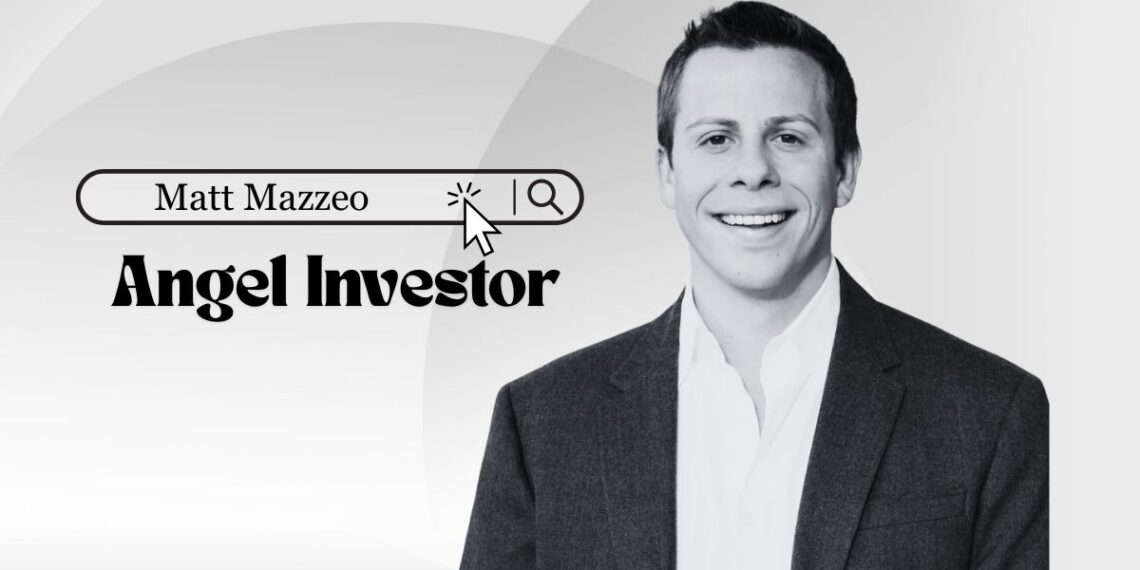 Portrait of angel investor Matt Mazzeo with text overlay Story-Driven Capital for Startups featuring keywords like VC, Coatue, and unicorn founder guide.