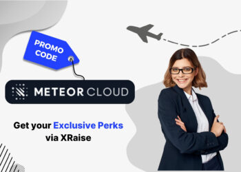 Illustrated cover image featuring the MeteorCloud logo and interface, highlighting the exclusive startup promo code available via XRaise