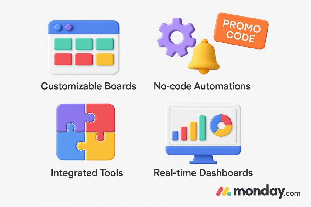 Visual breakdown of Monday.com key feature with a caption promoting the available startup discount through XRaise