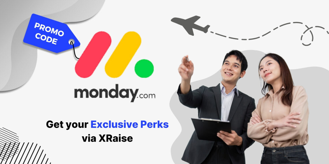 Monday.com promo code banner — XRaise exclusive perk with two professionals pointing ahead