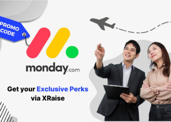 Monday.com promo code banner — XRaise exclusive perk with two professionals pointing ahead
