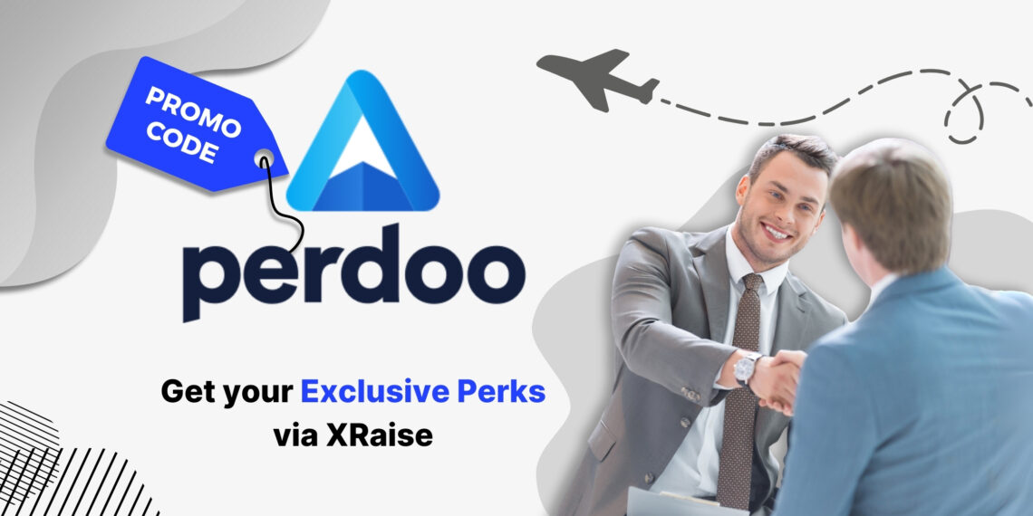Perdoo promo code banner by XRaise — two businessmen in suits shaking hands confidently, airplane travel graphic overhead.