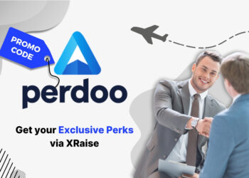 Perdoo promo code banner by XRaise — two businessmen in suits shaking hands confidently, airplane travel graphic overhead.