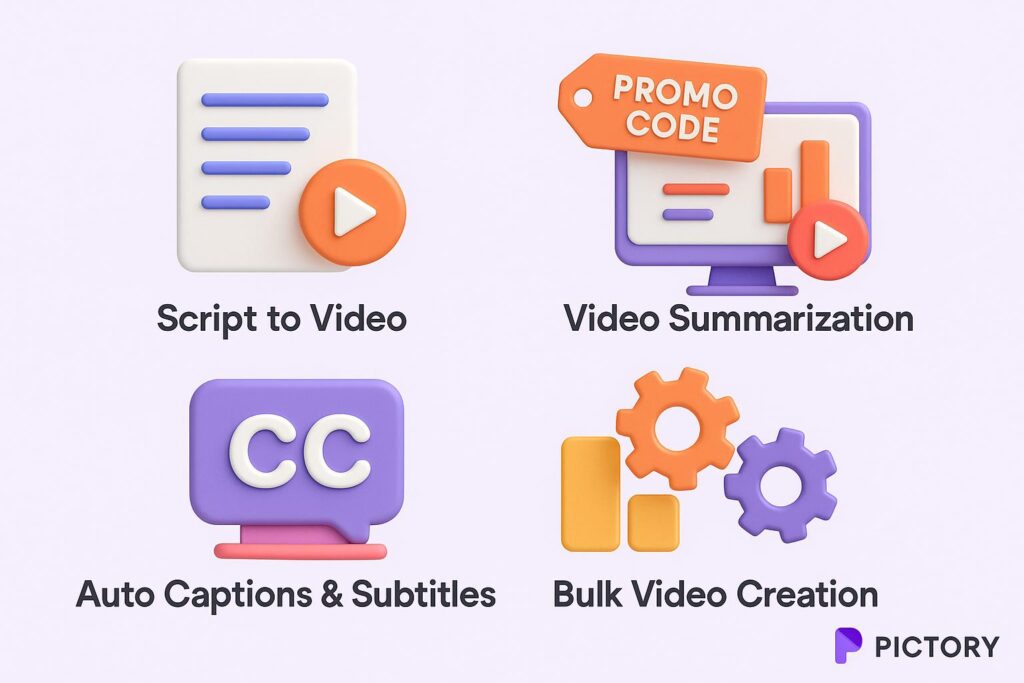 Visual breakdown of Pictory key feature with a caption promoting the available startup discount through XRaise