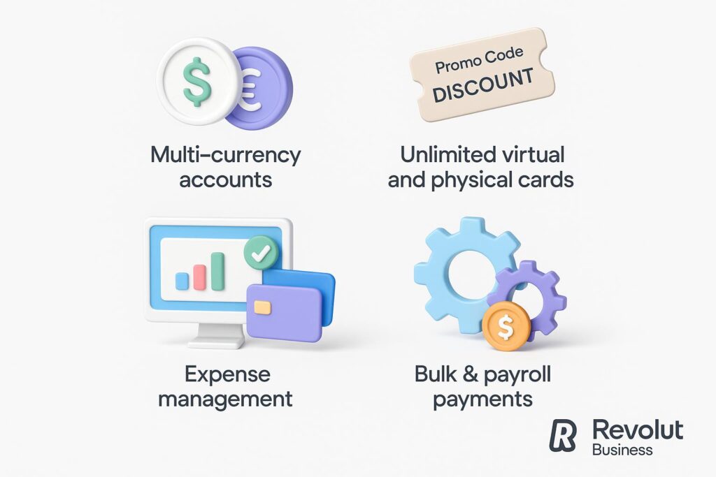 Visual breakdown of Revolut Business key feature with a caption promoting the available startup discount through XRaise