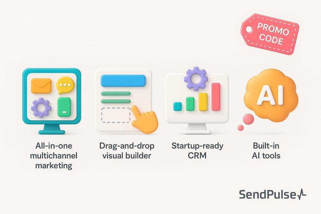  Visual breakdown of SendPulse key feature with a caption promoting the available startup discount through XRaise

