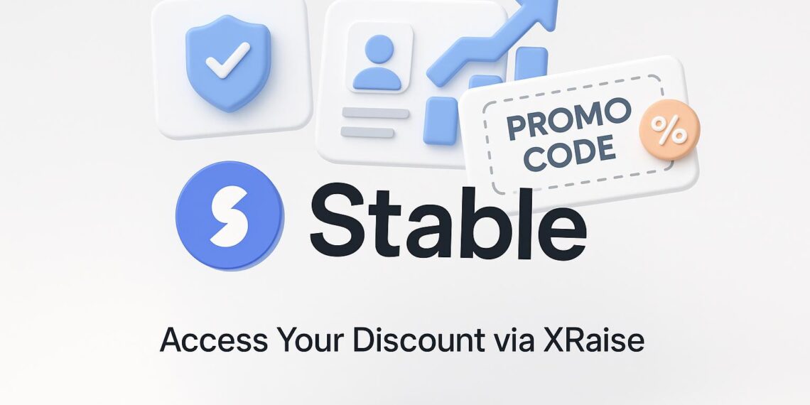 Illustrated cover image featuring the Stable logo and interface, highlighting the exclusive startup promo code available via XRaise