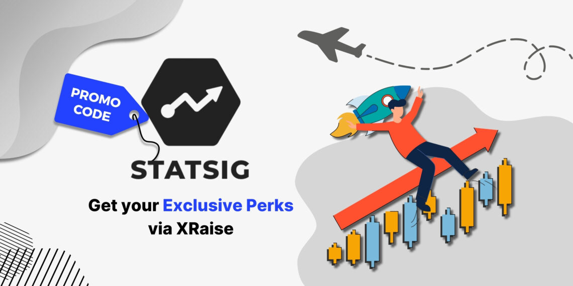 Statsig promo code offer via XRaise — illustrated character riding rocket on upward financial chart with airplane travel line art in background.