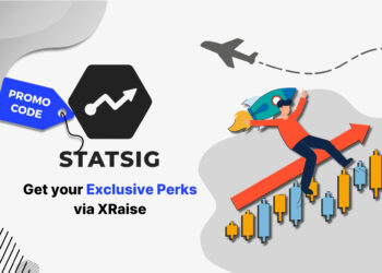 Statsig promo code offer via XRaise — illustrated character riding rocket on upward financial chart with airplane travel line art in background.