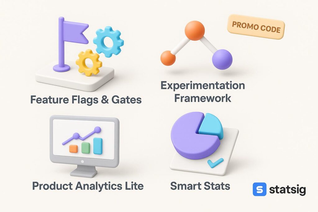 Visual breakdown of Statsig key feature with a caption promoting the available startup discount through XRaise