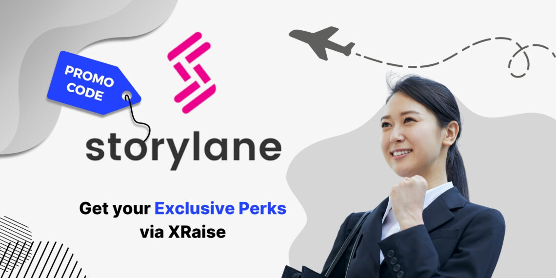 Storylane promo code – XRaise exclusive perk banner featuring businesswoman celebrating success with airplane graphic in background.