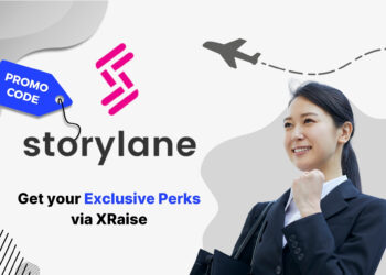 Storylane promo code – XRaise exclusive perk banner featuring businesswoman celebrating success with airplane graphic in background.
