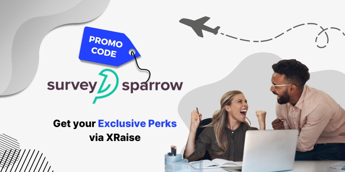 Survey Sparrow promo code – XRaise startup perk banner showing excited founders celebrating with laptop.