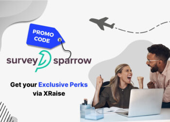 Survey Sparrow promo code – XRaise startup perk banner showing excited founders celebrating with laptop.