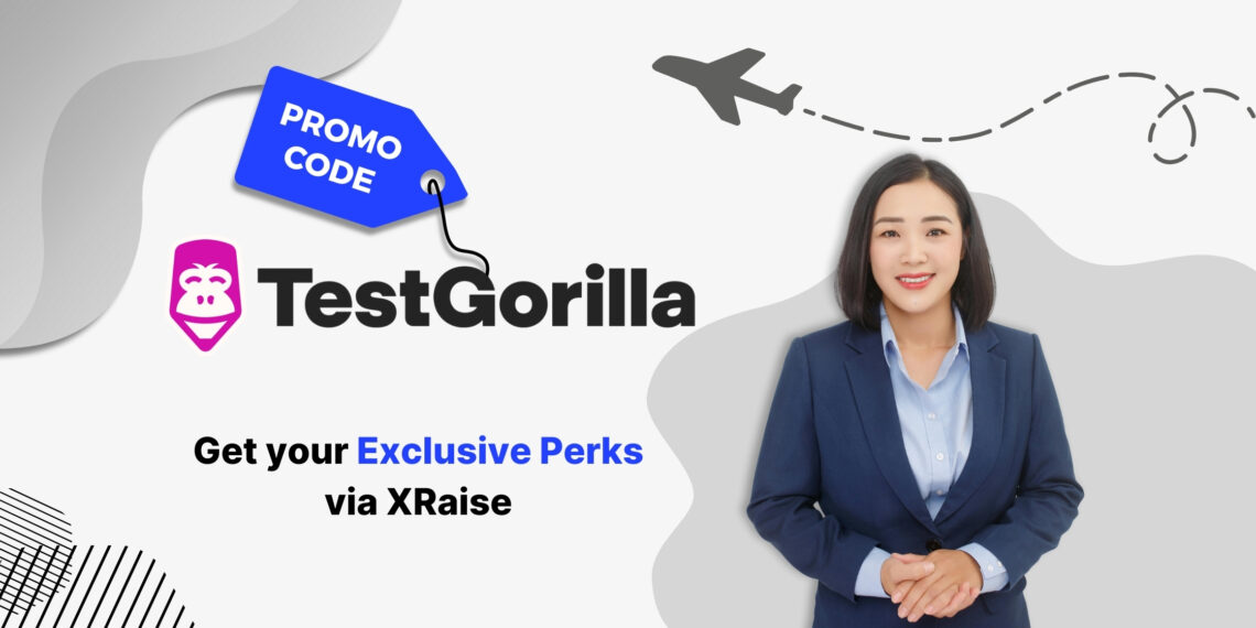 Illustrated cover image featuring the TestGorilla logo and interface, highlighting the exclusive startup promo code available via XRaise