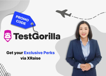 Illustrated cover image featuring the TestGorilla logo and interface, highlighting the exclusive startup promo code available via XRaise