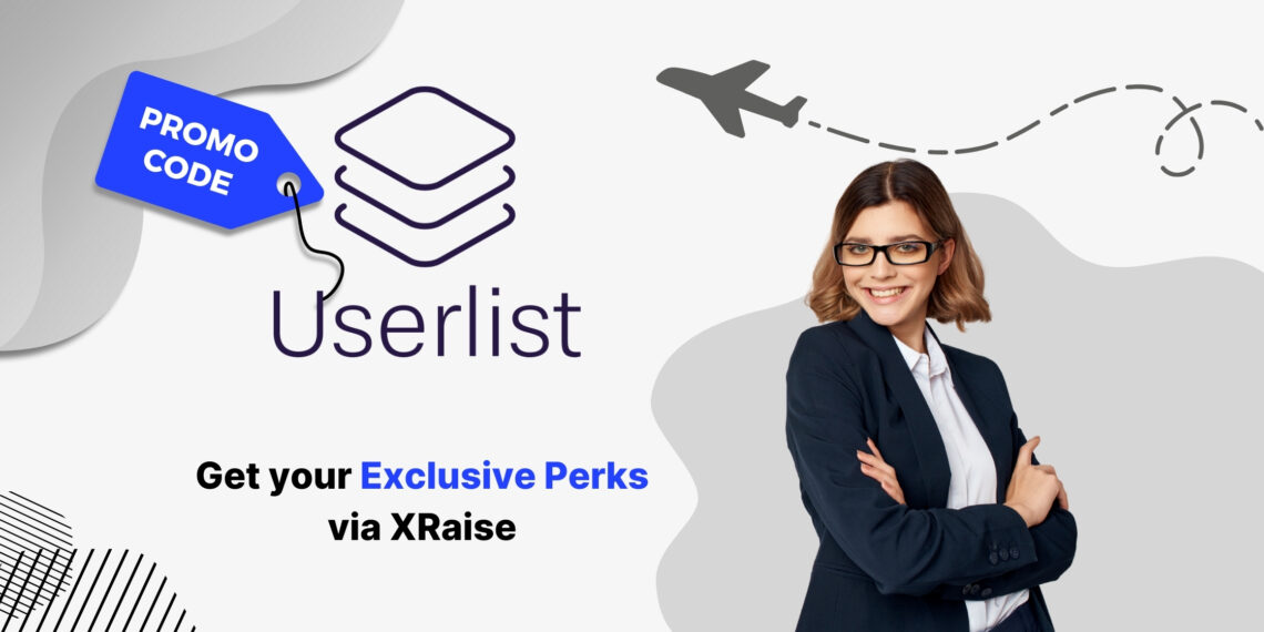 Userlist promo code – XRaise founder perk banner with professional businesswoman in glasses smiling confidently.