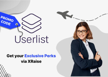 Userlist promo code – XRaise founder perk banner with professional businesswoman in glasses smiling confidently.